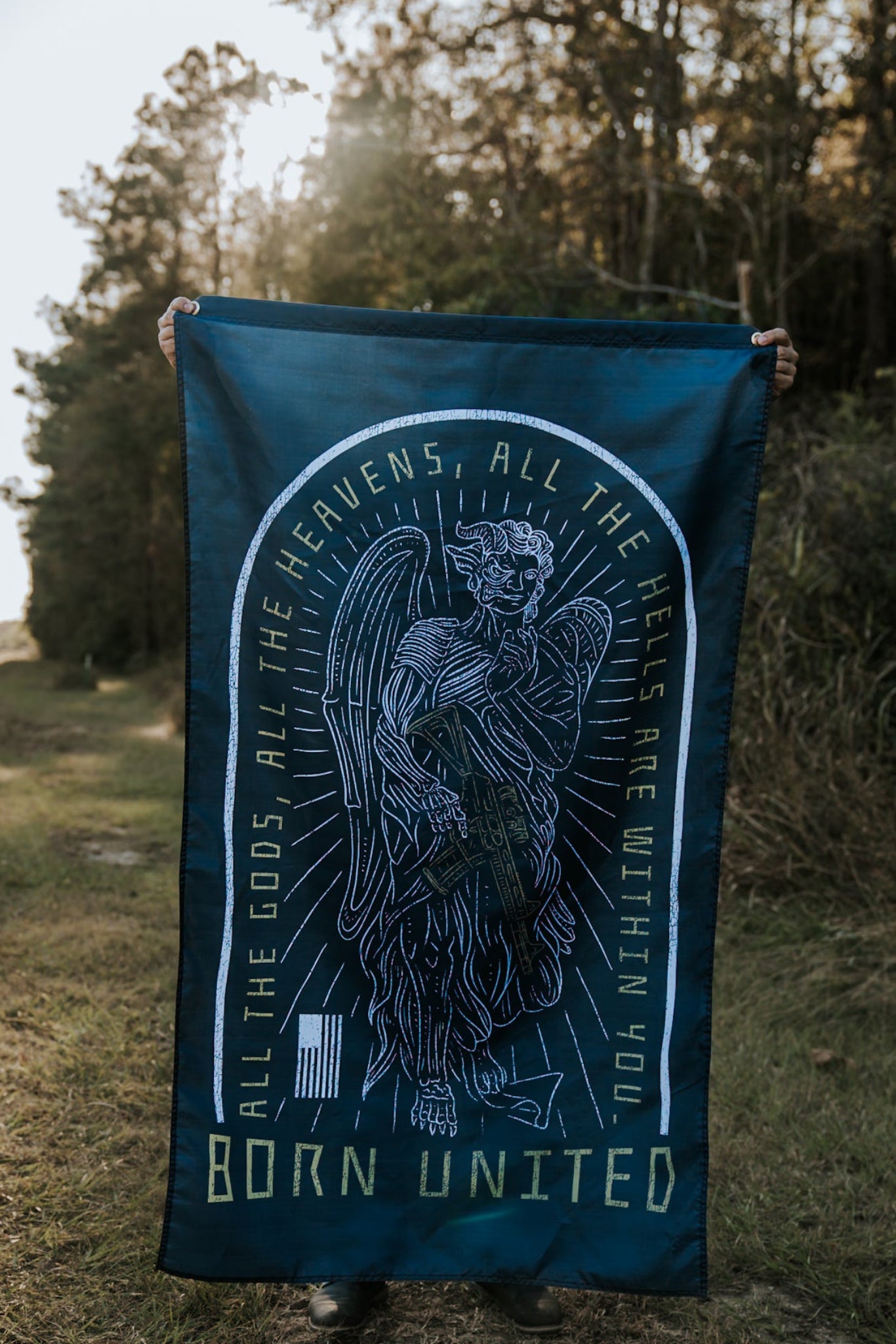 born united - heavens and hells angel printed banner