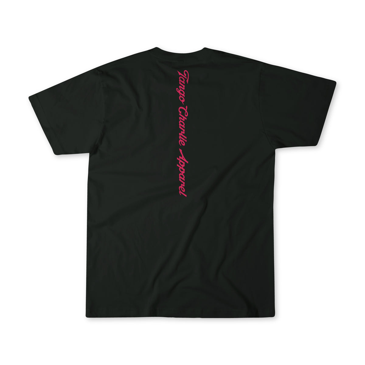 The Feral Tee by Tango Charlie Apparel is a black unisex shirt, shown from the back with the brand name in red cursive down the center. Made from comfy cotton poly, it’s perfect for casual wear with a stylish touch.