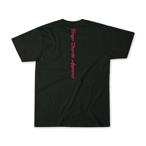 The Feral - Tee by Tango Charlie Apparel features pink cursive Tango Charlie Apparel text printed vertically down the center back, making a bold and authentic statement.