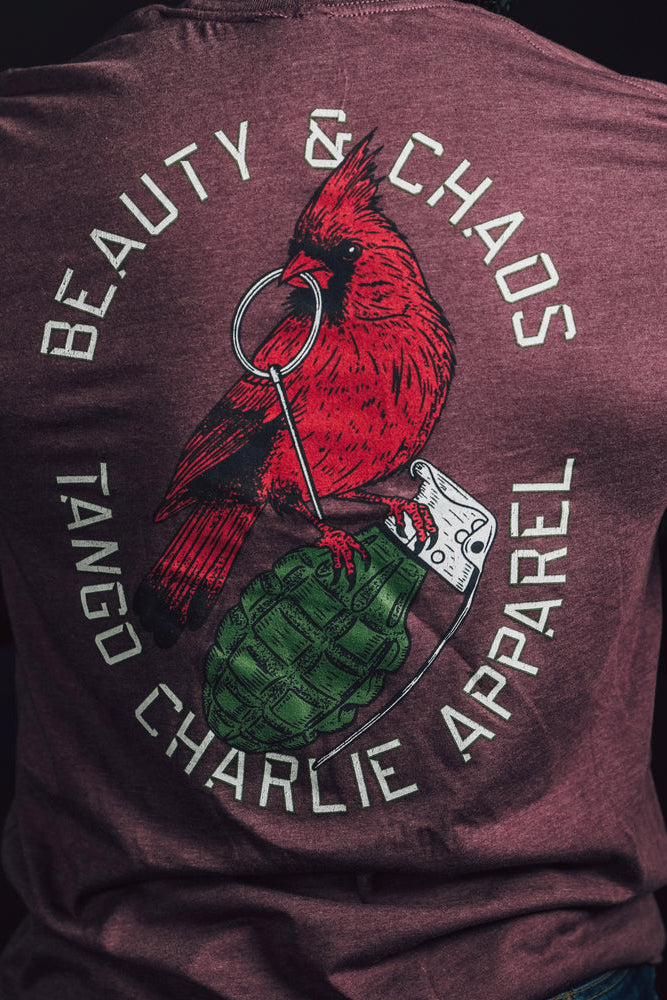 tango charlie - beauty and chaos maroon tee back on model
