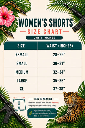 Tango Charlie Apparel's Women's High-Waisted Seamless Front Compression Training Shorts | Lethal Venom: size chart in inches—XS (28–29), S (30–31), M (32–34), L (35–36), XL (37–38); includes waist guide, jungle leaves, flower, leopard art, and breathability tips.