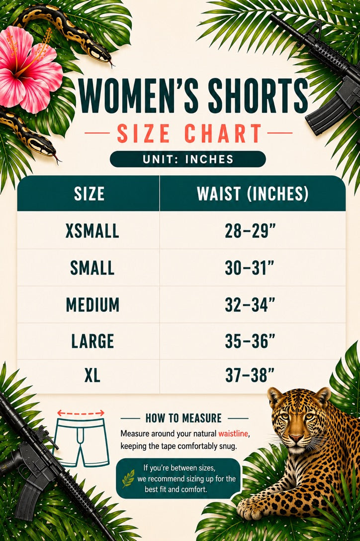 Find your fit with the Tango Charlie Apparel Women's High-Waisted Seamless Front Compression Training Shorts size chart: XS (28–29" waist), S (30–31"), M (32–34"), L (35–36"), XL (37–38"). Features a jungle-themed design and measuring tips.