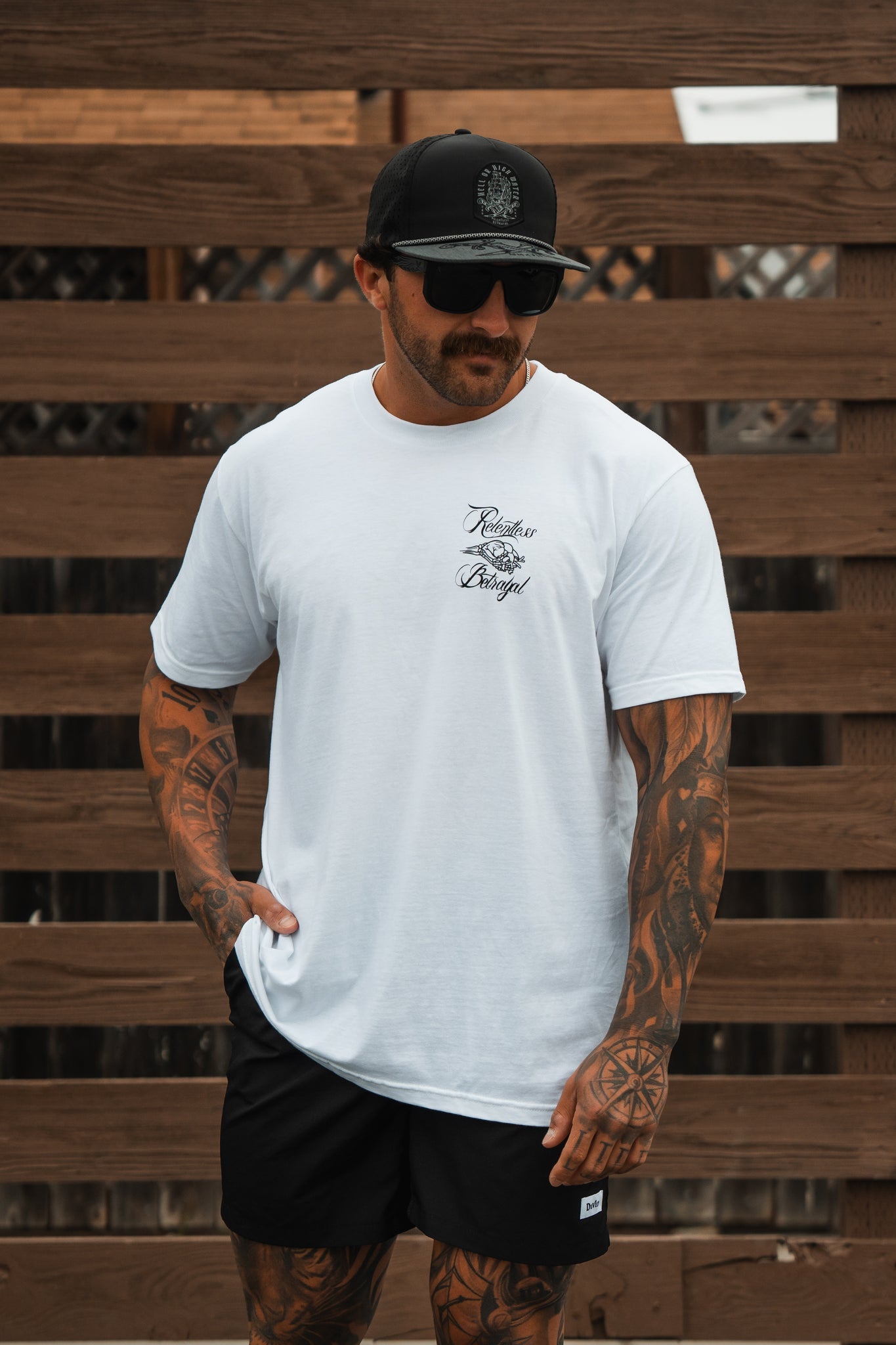 relentless betrayal - treasure tee white on model