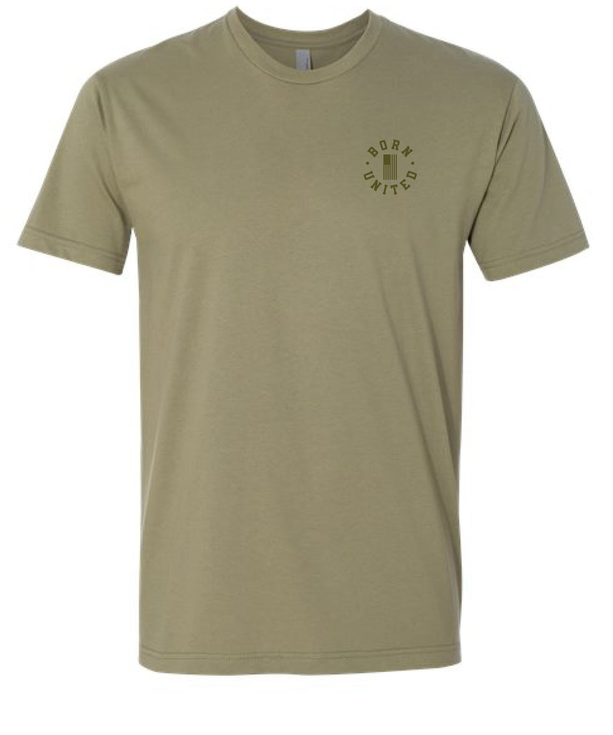 The Born United Private Label BU Basic Olive Tee is a light olive green cotton t-shirt with a small circular BORK UNITED logo and three vertical bars on the left chest, made from pre-shrunk fabric for lasting comfort.