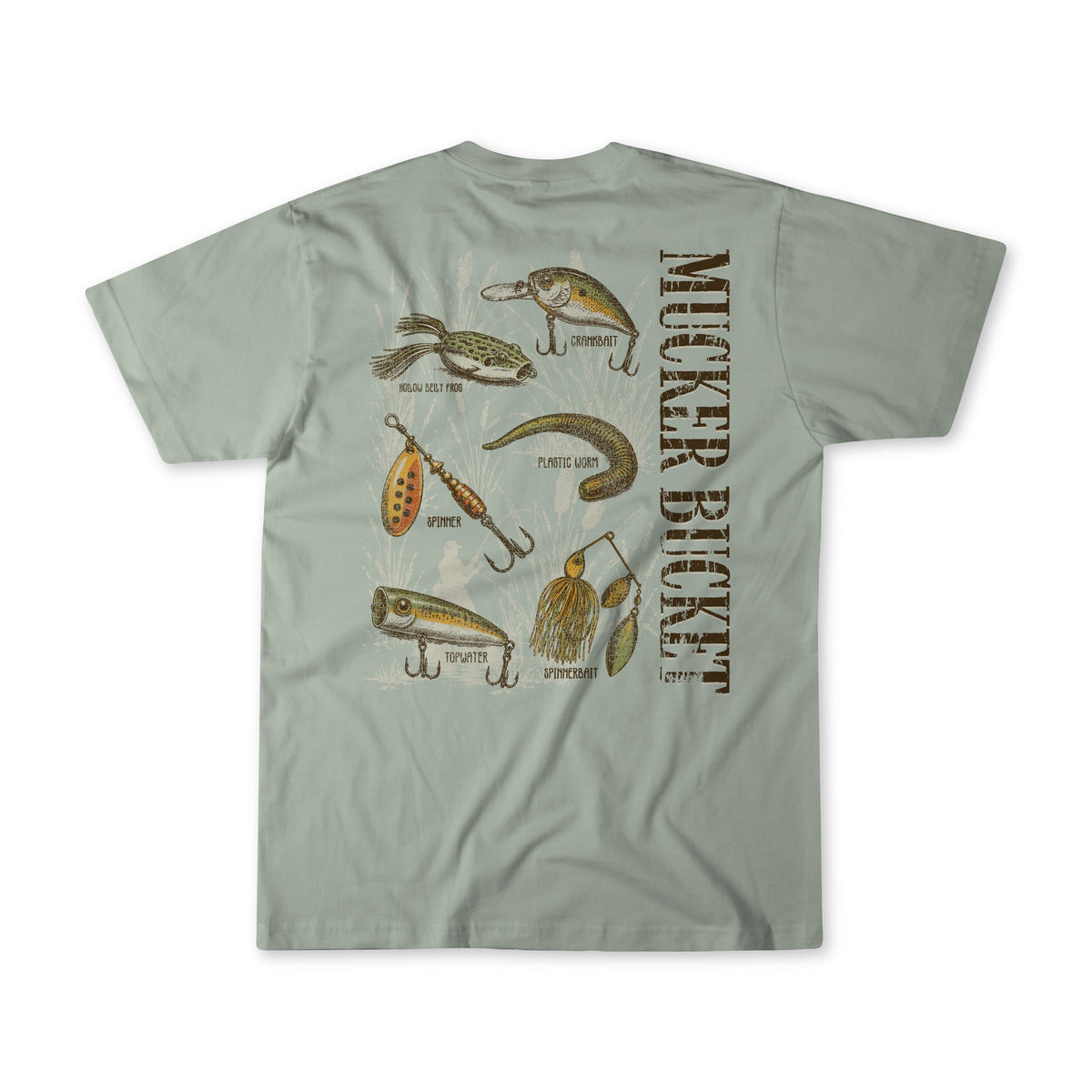 The Mucker Bucket Bait DNA Premium Tee showcases six labeled fishing lure illustrations on a light green, premium relaxed-fit shirt. Made from soft ring-spun cotton, it offers all-day comfort and features “Mucker Bucket” written vertically on the back.