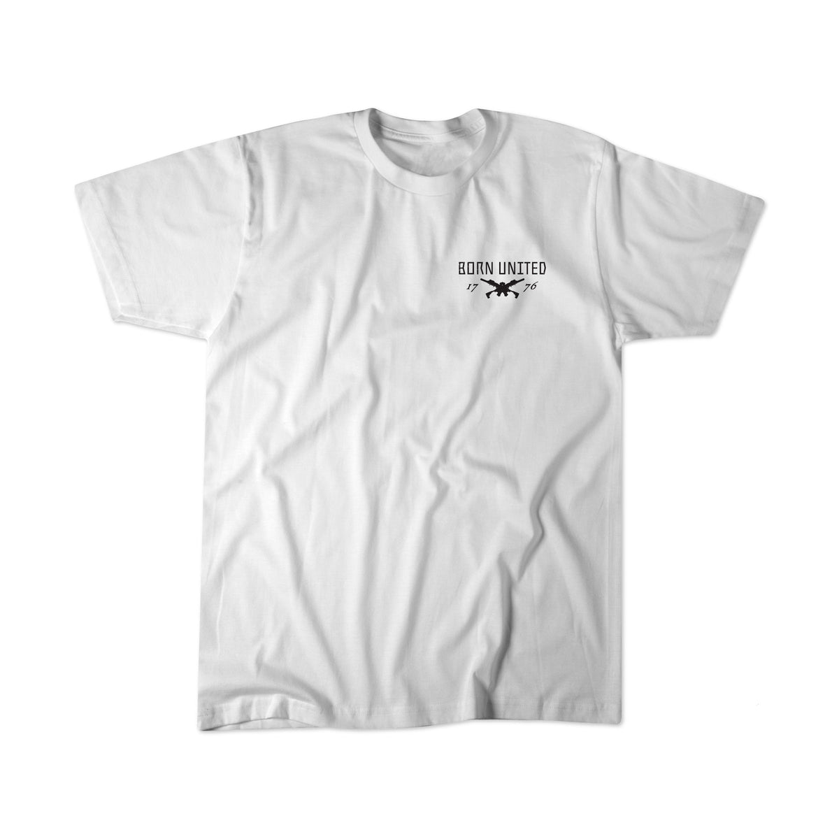 The Freedom Defender by Born United Private Label is a white t-shirt featuring a small black graphic and BORN UNITED above an illustrated rifle on the left chest.