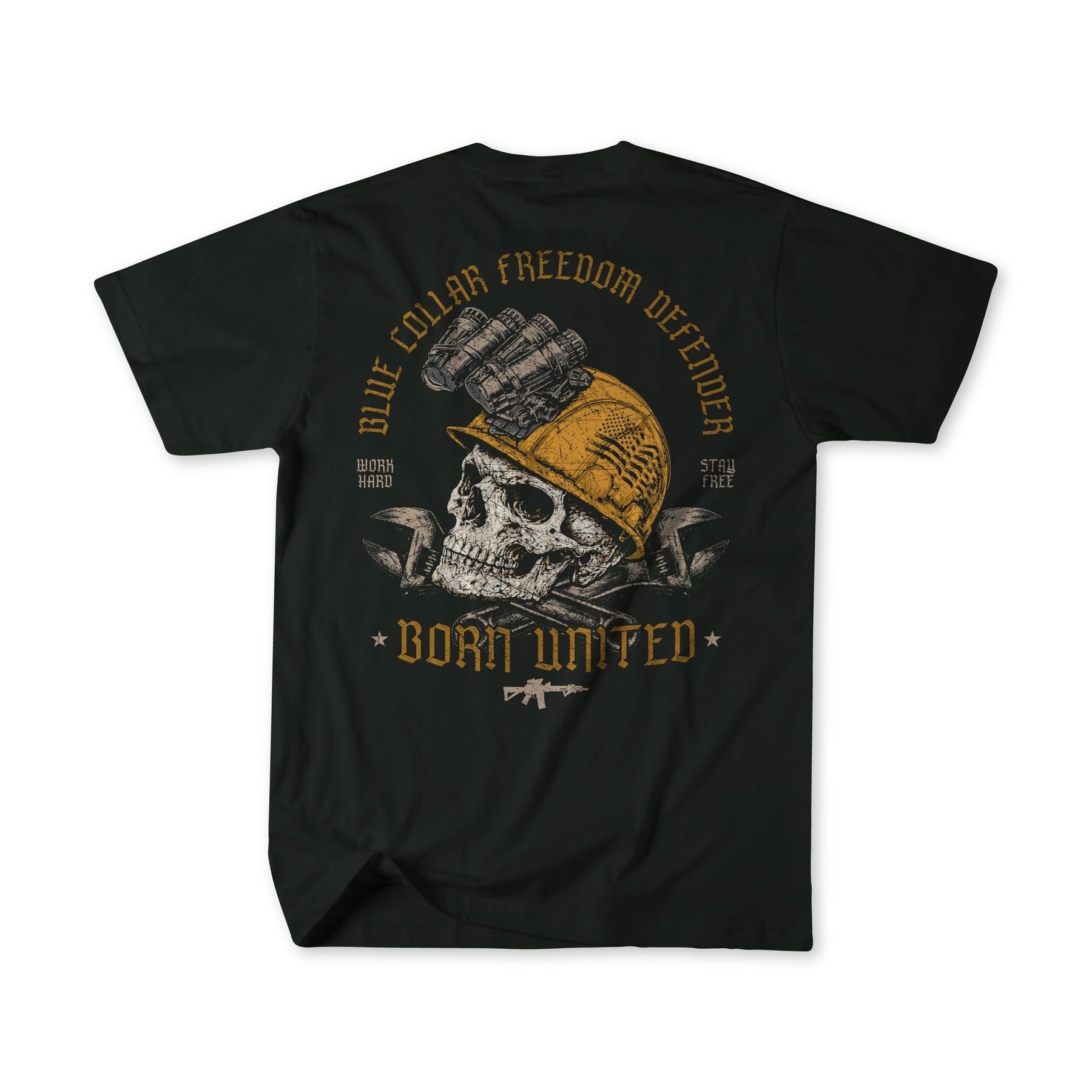 Show your Blue Collar Proud spirit with the Blue Collar Freedom Defender T-shirt by Born United Private Label. This black tee features a bold skull in a yellow hard hat with goggles, surrounded by the phrases “Blue Collar Freedom Defender” and “Born United,” along with classic graphic accents—perfect for fans of authentic Blue Collar Apparel.