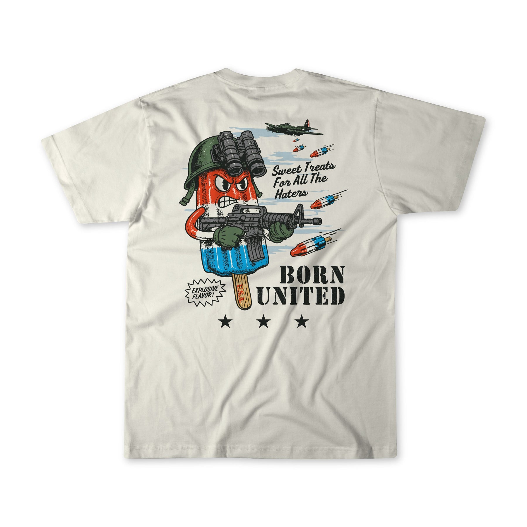 The Sweet Victory tee by Born United Private Label features a cartoon ice cream bar in army gear with a gun, missiles and a plane overhead, plus the text “Sweet Victory,” “Born United,” and three black stars below.