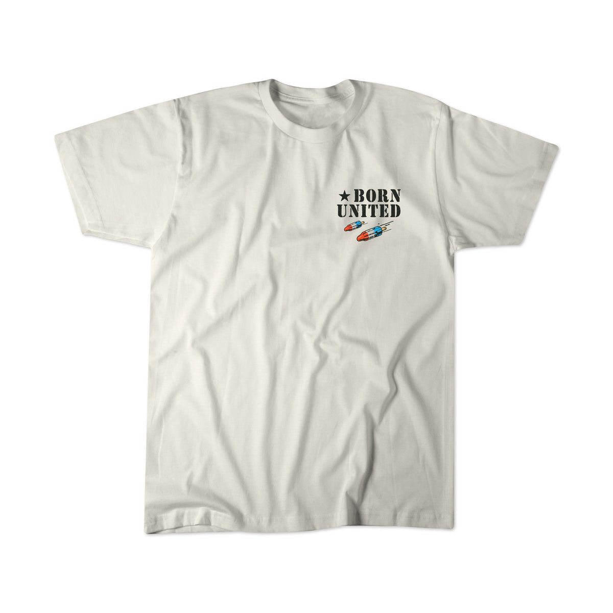 The Sweet Victory white t-shirt by Born United Private Label features "BORN UNITED" in black with three colorful race cars beneath the text on the left chest.