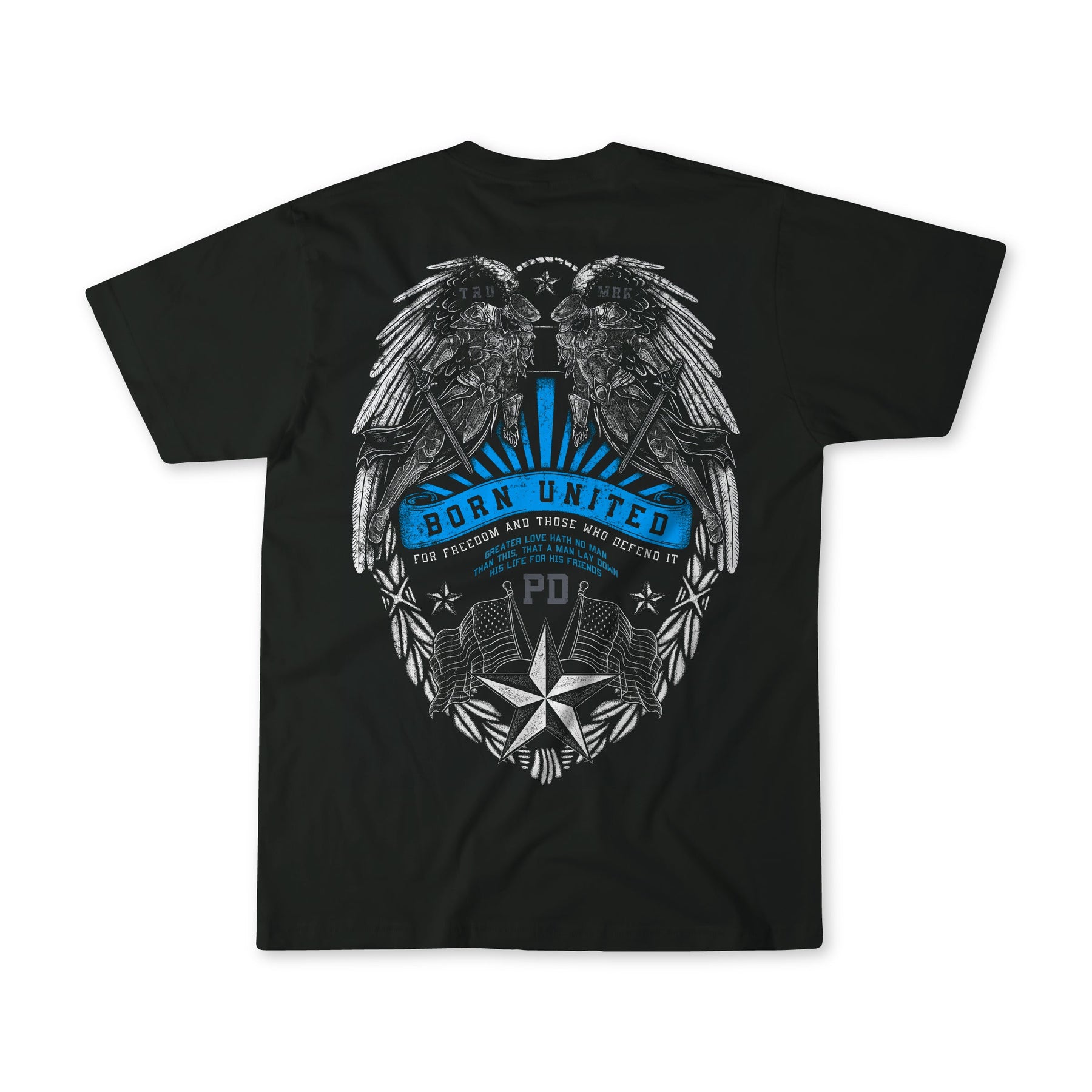 The "Back the Badge" black T-shirt by Born United Private Label features two eagles facing each other above a badge with blue accents, stars, leaves, and a "For freedom and those who defend it" banner.