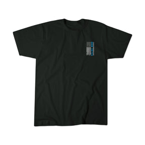The Back the Badge Black T-shirt by Born United Private Label features a small vertical American flag with a thin blue line and POLICE in blue letters on the left chest.