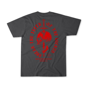 Gray Break the Teeth Premium Tee by 13th, featuring a bold red skull-and-sword graphic and the circular inscription “BREAK THE TEETH OF THE WICKED” on the back, inspired by the powerful message of Psalm 3:7.