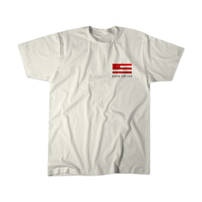 The Brick America white T-shirt by Born United Private Label features a small red and white Singapore flag graphic on the left chest with "BORN UNITED" below—perfect for any true supporter’s wardrobe.