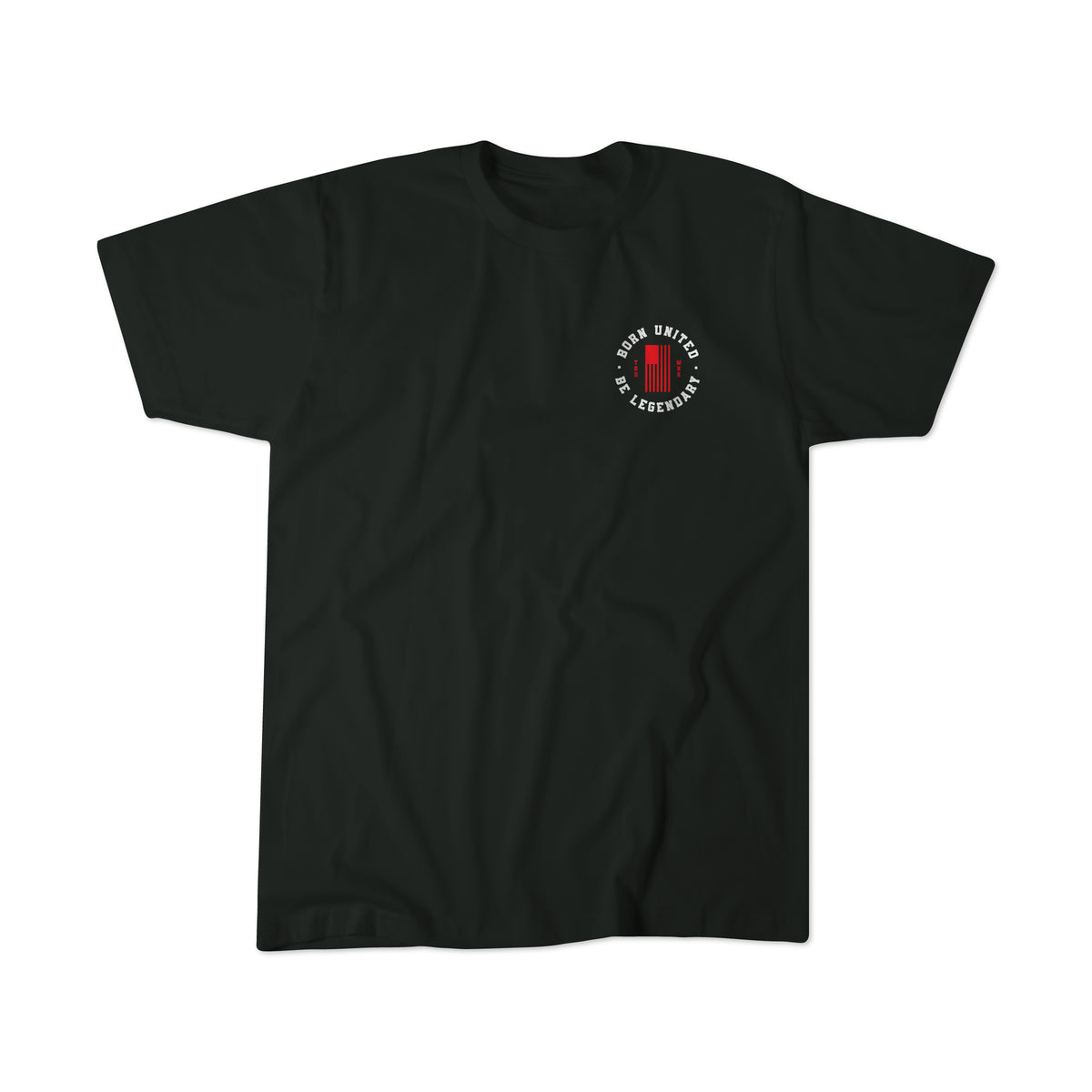 The Born United Private Label “Legend - Hogan” black tee features a small left-chest circular logo with red and black stripes and “BLACK UNITED 24 SECONDS”—a subtle tribute for wrestling or Hulk Hogan fans.