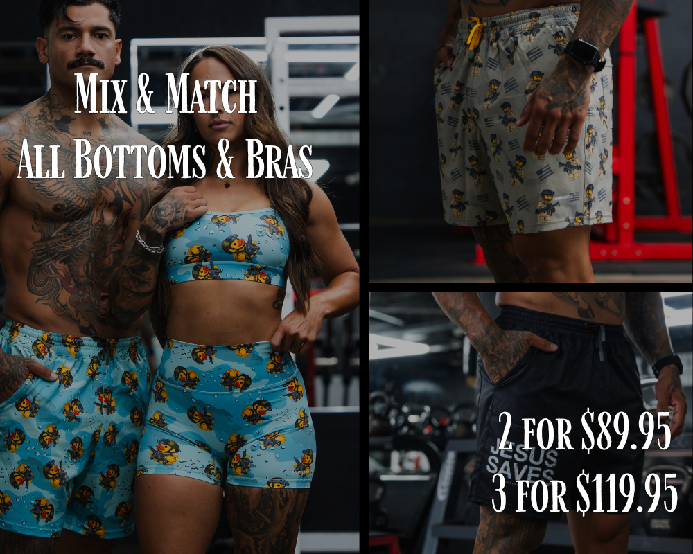 Two people in a gym wear matching blue bee-print athletic sets. Another image shows close-ups of bee-print shorts and gray shorts. Text advertises mix and match bras and bottoms with bundle prices.