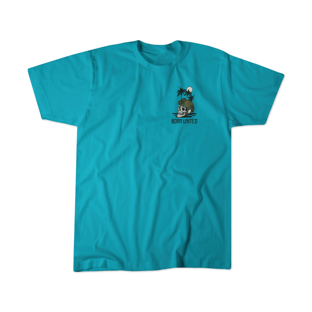 The Shallows by Born United Private Label is a bright turquoise t-shirt featuring a small chest graphic of two palm trees, a sun, and a bear with a surfboard, plus BORN UNITED text below. Shirt shown laid flat on white background.