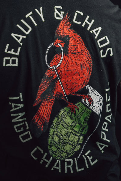 tango charlie - beauty and chaos black tee closeup
