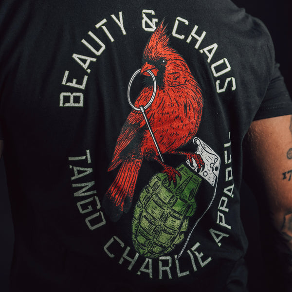 tango charlie - beauty and chaos black tee closeup