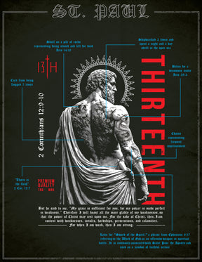 A grayscale artistic Saint Paul with a halo and cloth, overlaid by red and blue text, Bible verses, symbols, and THIRTEENTH branding—ideal for an inspirational 13th Saint Paul Premium Tee from the 13th brand.