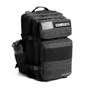 The Midnight Black Premium Tac-Pac - 45L by Born United Private Label features multiple compartments, two American flag patches, “BORN UNITED” text, and a water bottle in a side mesh pocket on a white background.