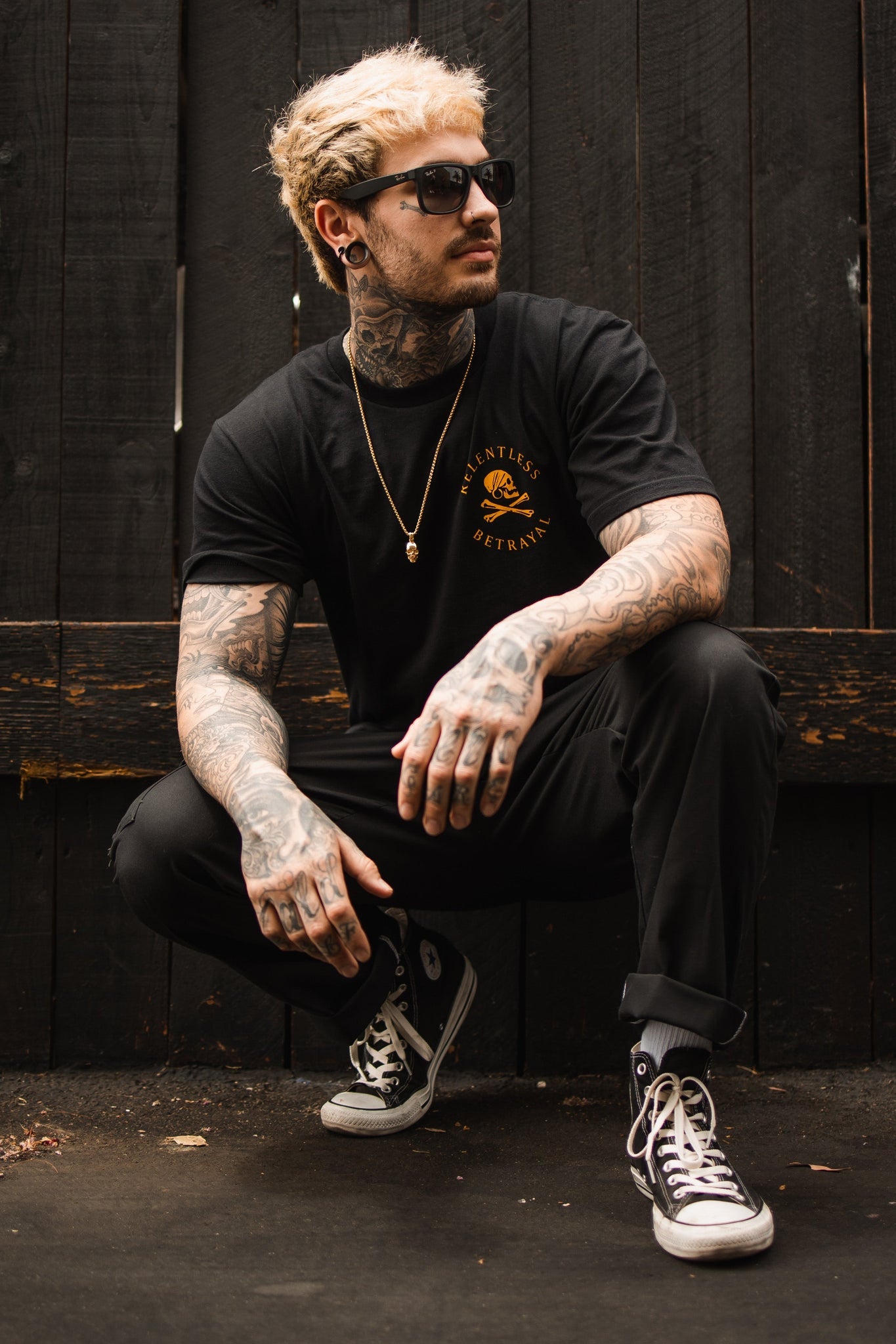 relentless betrayal - lost at sea black tee shirt on model