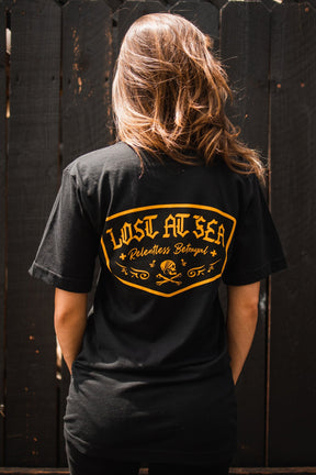 relentless betrayal - lost at sea black t-shirt on women's model