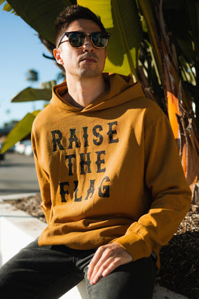 relentless betrayal - raise the flag premium toast hoodie front on model