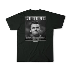 The "Legend - Charlie Kirk" t-shirt by Born United Private Label features a grayscale photo of Charlie Kirk, “LEGEND” in bold above, his quote below, and “BORNUNLIMITED” at the bottom.
