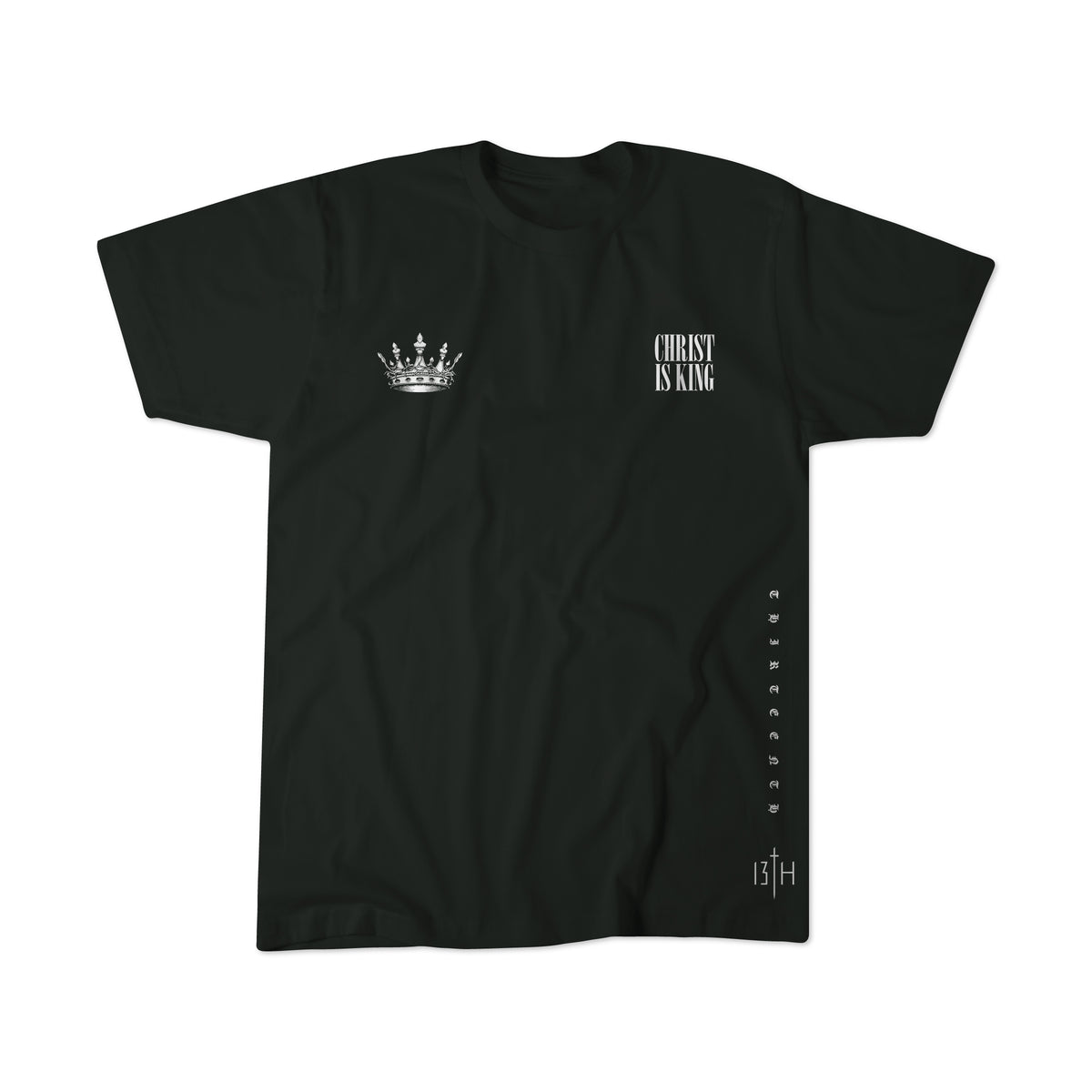 The Youth Christ is King Tee by 13th features a white crown and “CHRIST IS KING” text on the chest, vertical white script, and “13TH” at the lower right—an ideal black Christian youth shirt for bold believers.