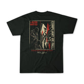 Eye Spy black t-shirt from Born United Private Label, featuring an illustration of armed figures watching a person kneel and the text “Born United, Compliant We Fall” on the front, with a quote from Thomas Jefferson about the tree of liberty and the ongoing struggle between patriots and tyrants printed on the back.
