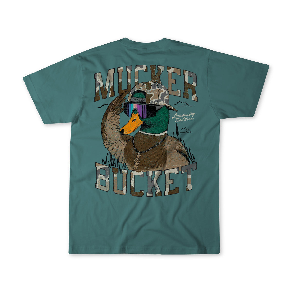 The Mucker Bucket Cool Duck Premium Tee is a teal, ring-spun cotton t-shirt with a large mallard duck graphic in camo hat and sunglasses, and bold “MUCKER BUCKET” lettering above and below. Soft for all-day comfort.