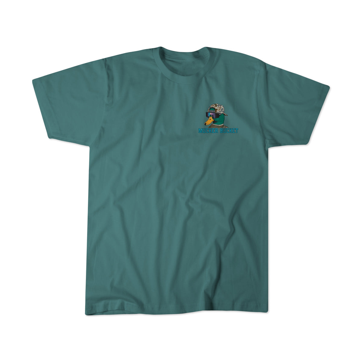 The Mucker Bucket Cool Duck Premium Tee is a teal, relaxed-fit short-sleeve shirt with a small left chest graphic and “WORKING ON MY STORY.” Made from soft ring-spun cotton for comfort all day.