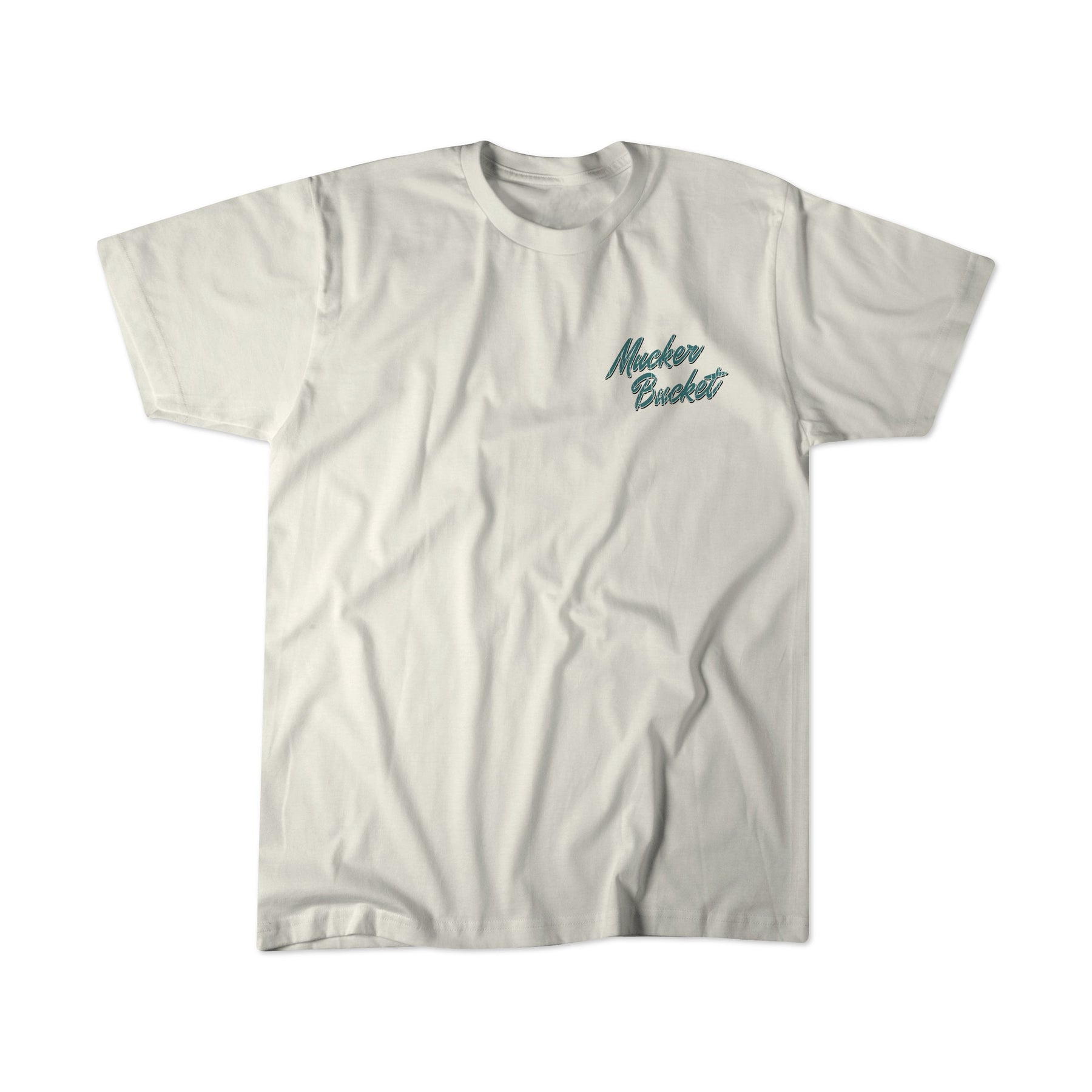 Cool Bass Premium Tee: Plain white premium tee by Mucker Bucket, featuring the phrase Mucker Bucket in teal script on the left chest area, displayed on a white background. Relaxed fit: This plain white T-shirt from Mucker Bucket offers a relaxed fit and showcases the phrase Mucker Bucket in teal script on the left chest area, displayed on a white background. Ring-spun cotton: Crafted from soft ring-spun cotton, this plain white Cool Bass Premium Tee by Mucker Bucket displays the phrase Mucker Bucket in