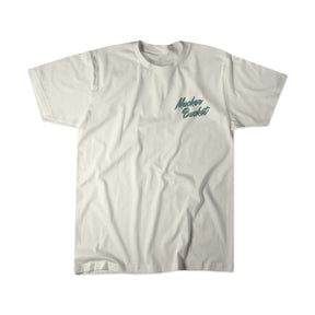 Cool Bass Premium Tee: Plain white premium tee by Mucker Bucket, featuring the phrase Mucker Bucket in teal script on the left chest area, displayed on a white background. Relaxed fit: This plain white T-shirt from Mucker Bucket offers a relaxed fit and showcases the phrase Mucker Bucket in teal script on the left chest area, displayed on a white background. Ring-spun cotton: Crafted from soft ring-spun cotton, this plain white Cool Bass Premium Tee by Mucker Bucket displays the phrase Mucker Bucket in