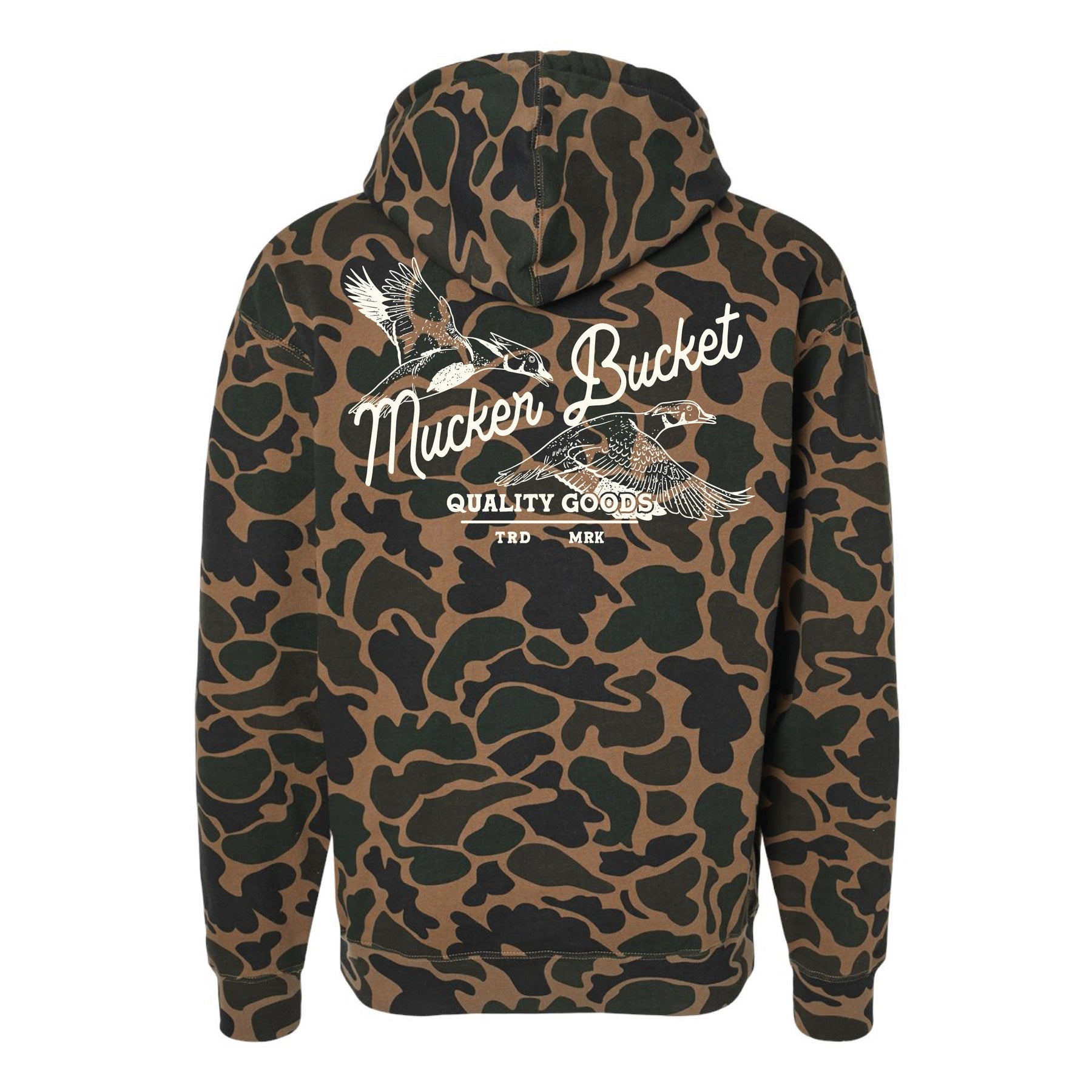 The Youth Wood Ducks Premium Duck Camo Hoodie by Mucker Bucket features a relaxed fit camo design with crossed duck calls, "Mucker Bucket," and "Quality Goods TRD MRK" in white on the back—perfect for young hunters.