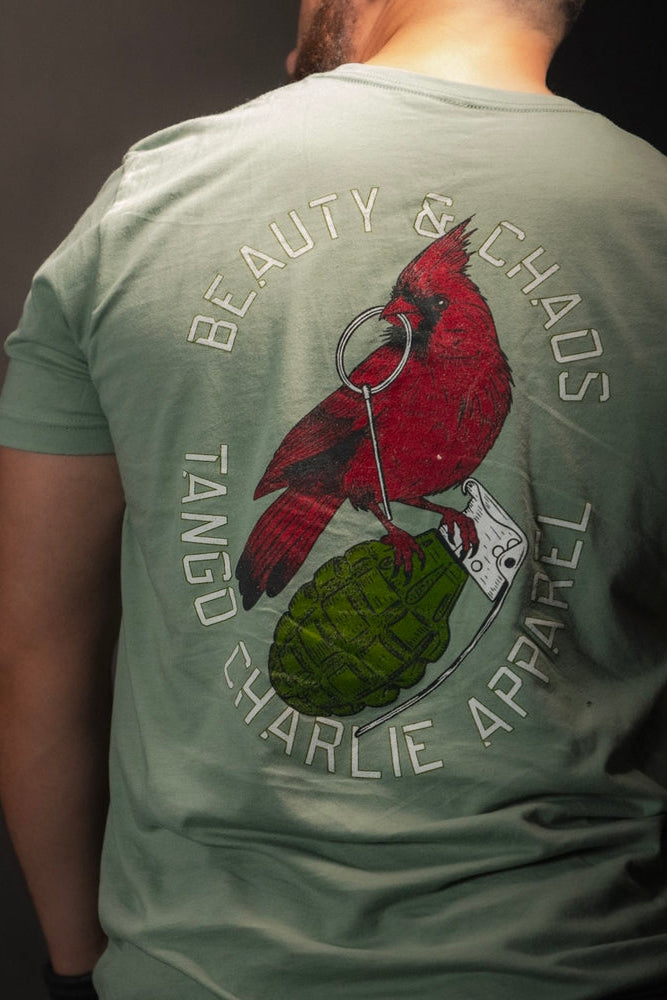 tango charlie - beauty and chaos 2.0 t-shirt on model