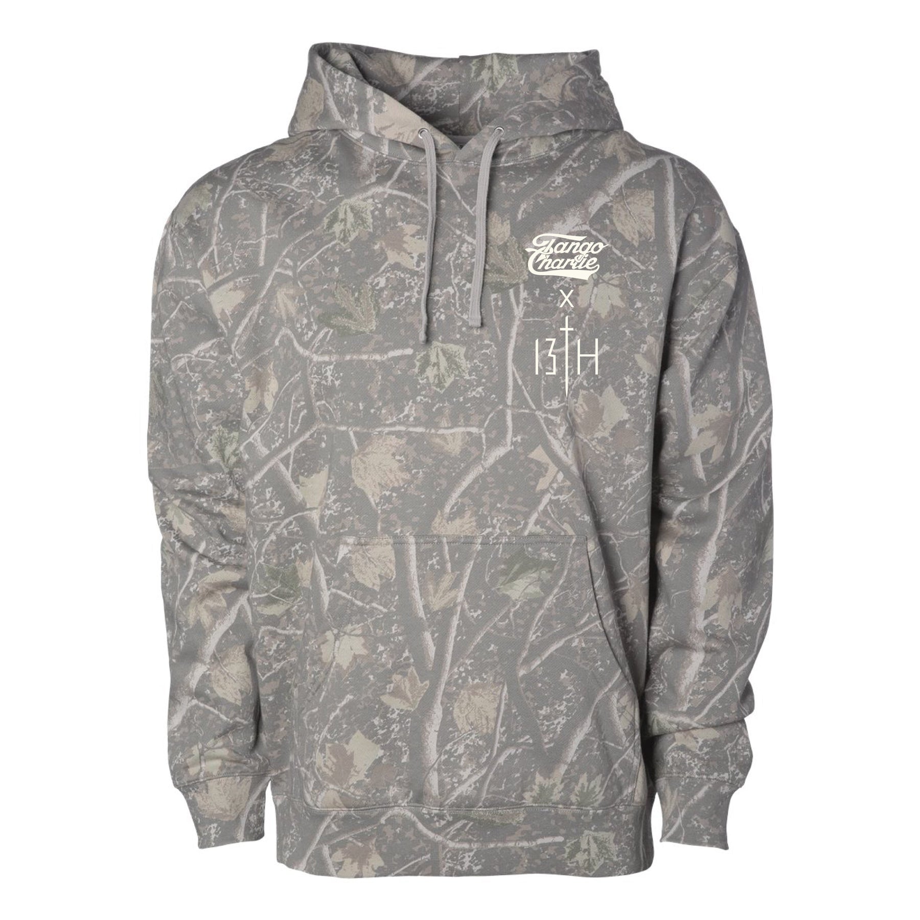 Stay warm in the Lift Heavy. Pray Hard. - Deadwood Camo Hoodie by Tango Charlie Apparel, featuring gray camo and bold white logos—ideal for those who Pray Hard and Lift Heavy.