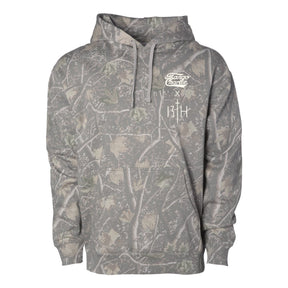 Stay warm in the Lift Heavy. Pray Hard. - Deadwood Camo Hoodie by Tango Charlie Apparel, featuring gray camo and bold white logos—ideal for those who Pray Hard and Lift Heavy.