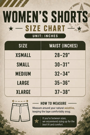 Chart titled "Women's High-Waisted Seamless Front Compression Training Shorts Size Guide" for Born United Private Label shows XS–XL waist sizes (inches), measuring tips, and a sketch of the shorts on a beige vintage-style background.