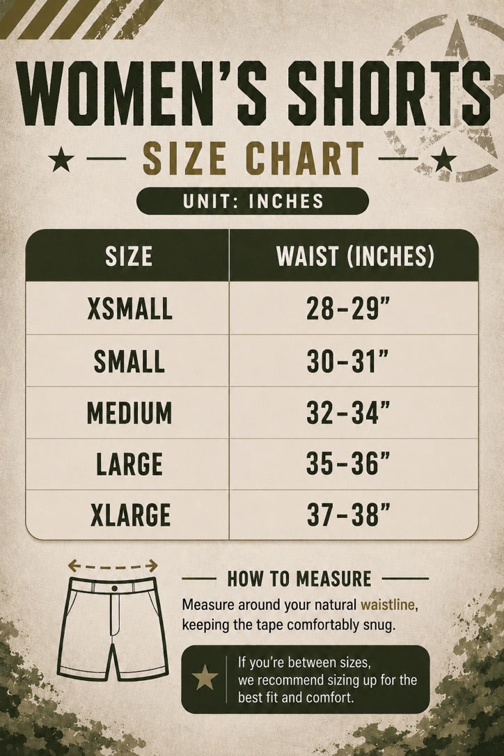 Chart titled "Women's High-Waisted Seamless Front Compression Training Shorts Size Guide" for Born United Private Label shows XS–XL waist sizes (inches), measuring tips, and a sketch of the shorts on a beige vintage-style background.