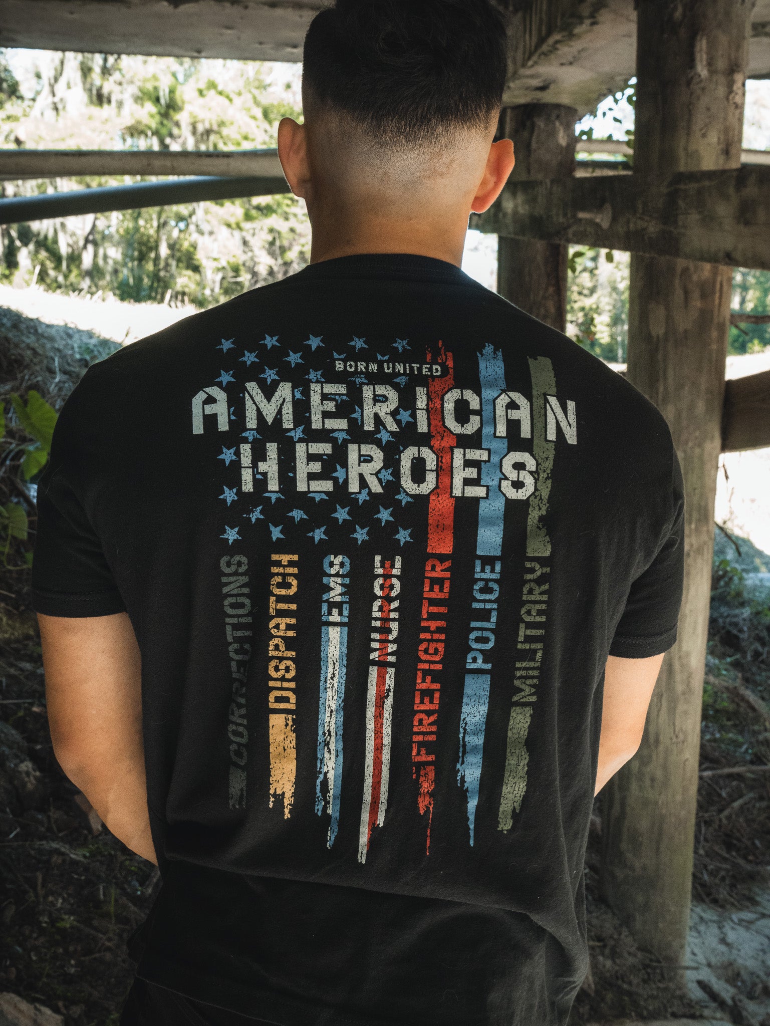 born united - american heroes flag t-shirt back on model