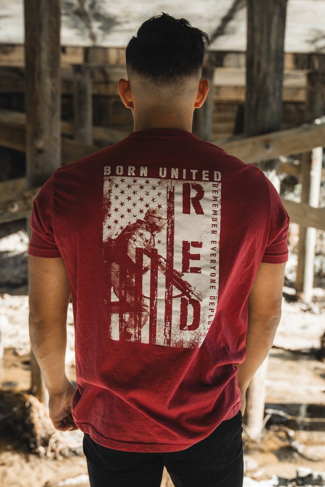 born united - r.e.d. friday tee shirt back on model