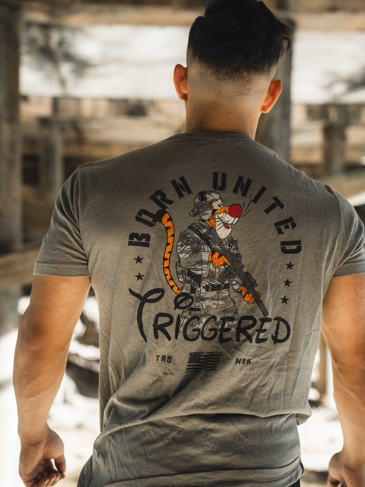 born united - triggered t-shirt back on model