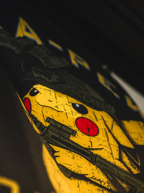 The Pika-Pew Flag by Born United Private Label features a yellow cartoon character with a helmet and rifle, printed on textured fabric with bold graphics—a tactical Pokémon-inspired piece perfect for collectors.