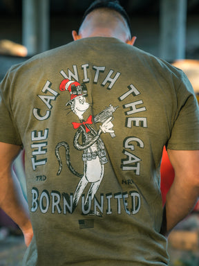 born united - the cat with the gat tee shirt back on model