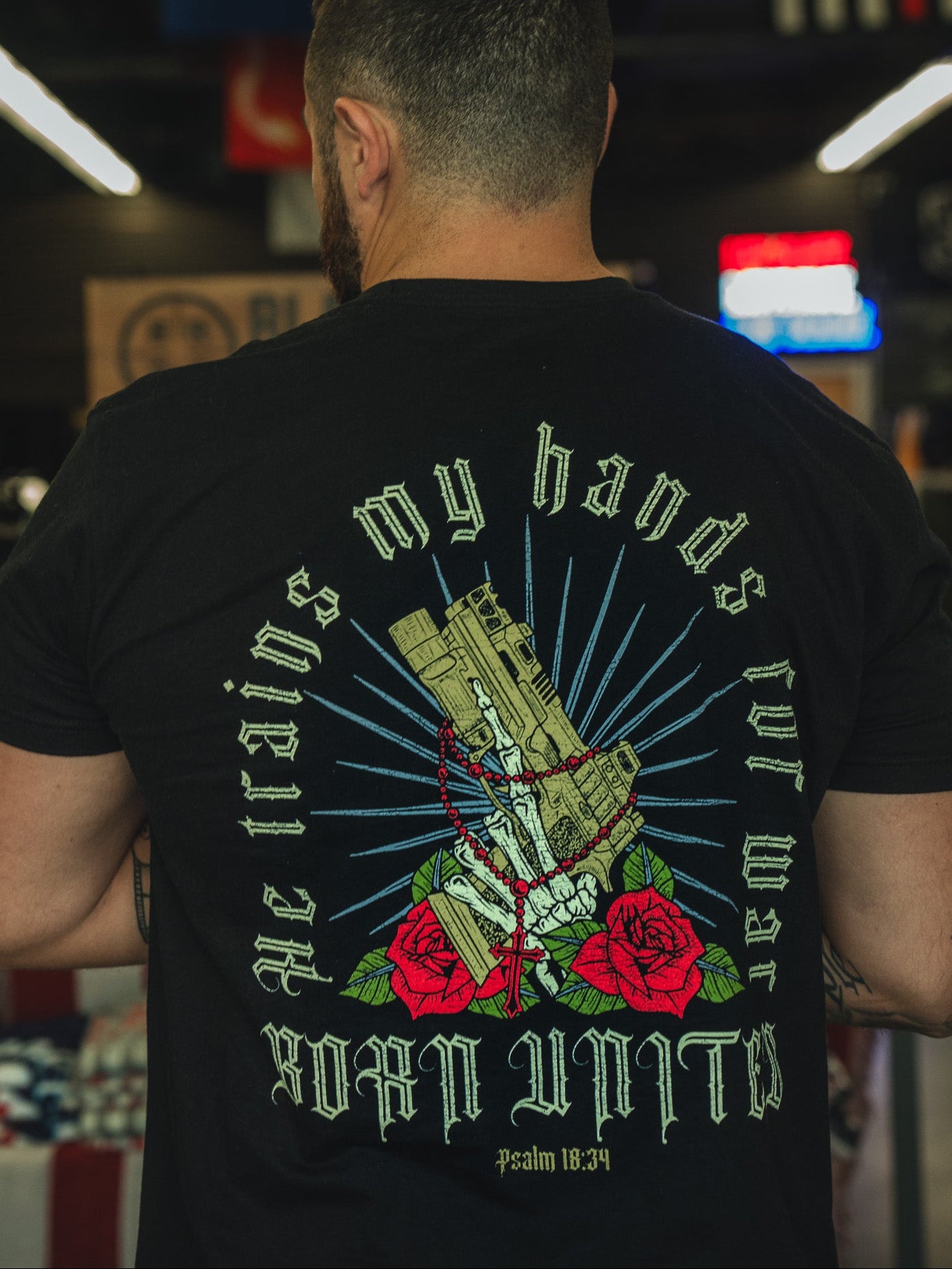 born united - war hands t-shirt back on male model