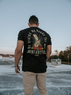 born united - war hands tee back on model