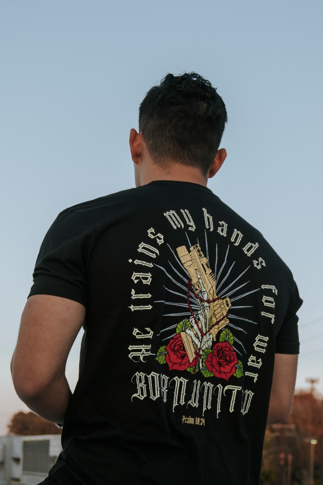 born united - war hands t-shirt back on men's model