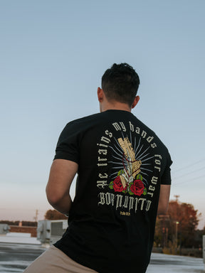 born united - war hands t-shirt back on men's model