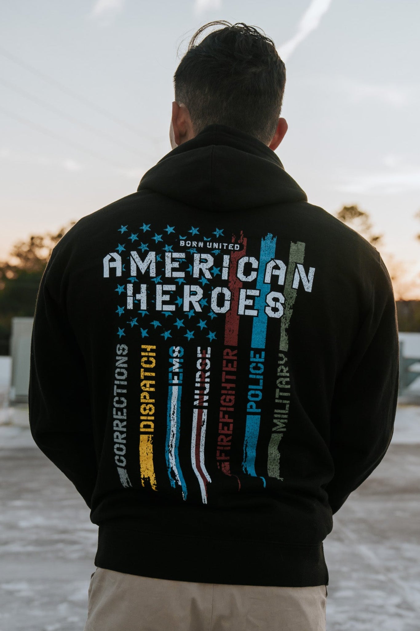 born united - american heroes flag hoodie back on men's model